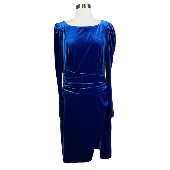 Velvet Long Sleeve Cocktail Dress Blue Size 10 Ralph Lauren Side Slit Sheath - Picture 1 of 14